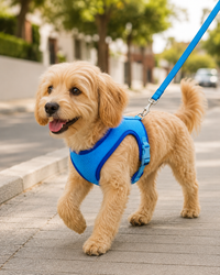 Perro paseando con el Arnés Ergonómico Eco DENISU en color azul